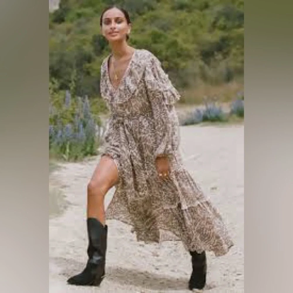 NWT Spell Beige Animal Print Long Sleeve Dress - Picture 4 of 8